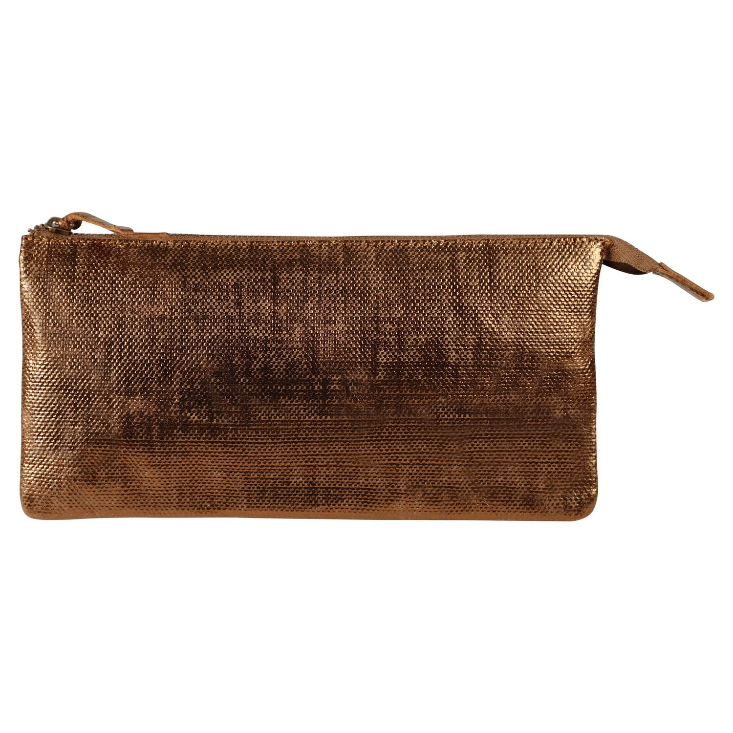 Clairefontaine - Ref 410048C - Kleo-Pathra' Leather Large Flat Pocket With 2 Compartments - 22 x 11cm, Made From Genuine Lambskin Leather, Metal Zip With Leather Puller - Bronze