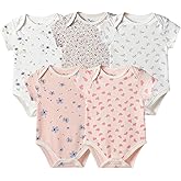 Minicoco Baby Girls Short-Sleeve Bodysuit,100% Cotton 5 Pack of Baby Girls Romper,0-24 Months Soft Breathable