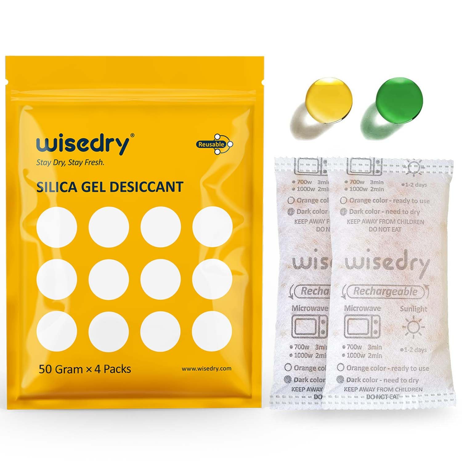 wisedry 50 Gram [4PACKS] Silica Gel Sachets Desiccant Packs Reusable Microwave Fast Reactivate in 2MINS Moisture Absorber for Closet Gun Safes Bathroom Bedroom Basement Storage Food Grade