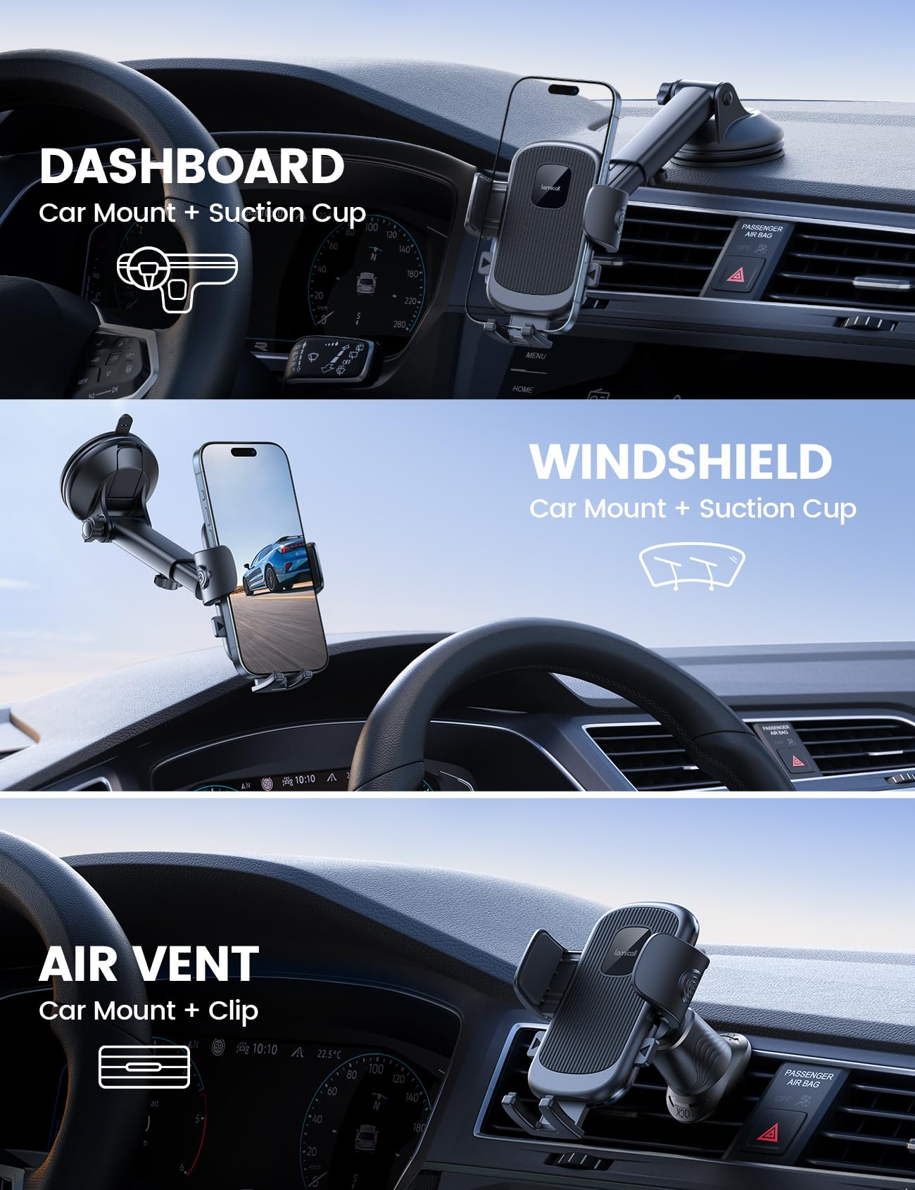 Lamicall Car Phone Holder Mount [3-in-1 Military-Grade Suction Cup] 360° Rotation Phone Holders for Your Car [Metal Hook] Cell Phone Car Mount Dashboard Vent Windshield for iPhone 16 All Smartphone