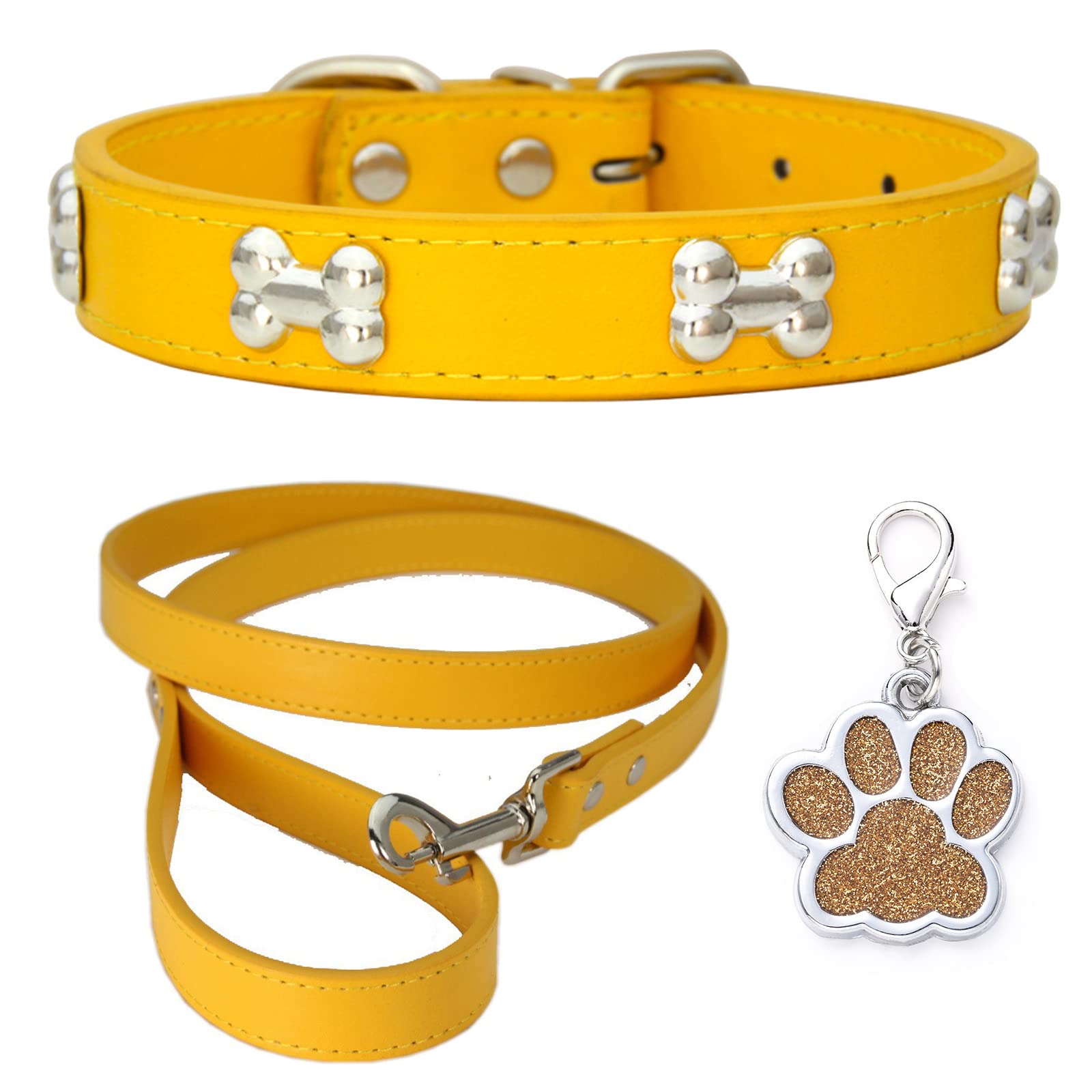 HALFSUMO Leather Dog Collar Dog Collar Combo Set Dog Collars Adjustable Puppy Collar for Small Medium Dogs Cats Golden M