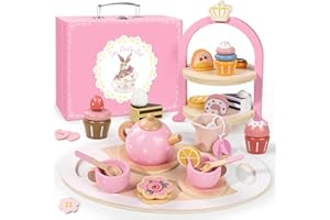 IAOVUEBY Wooden Tea Party Set for Little Girls, Toddler Girl Gifts Princess Tea Time Toys, Wooden Tea Set Tray Cake Dessert, Kids Kitchen Pretend Play, Birthday for Girls Age 2-5 Years Old