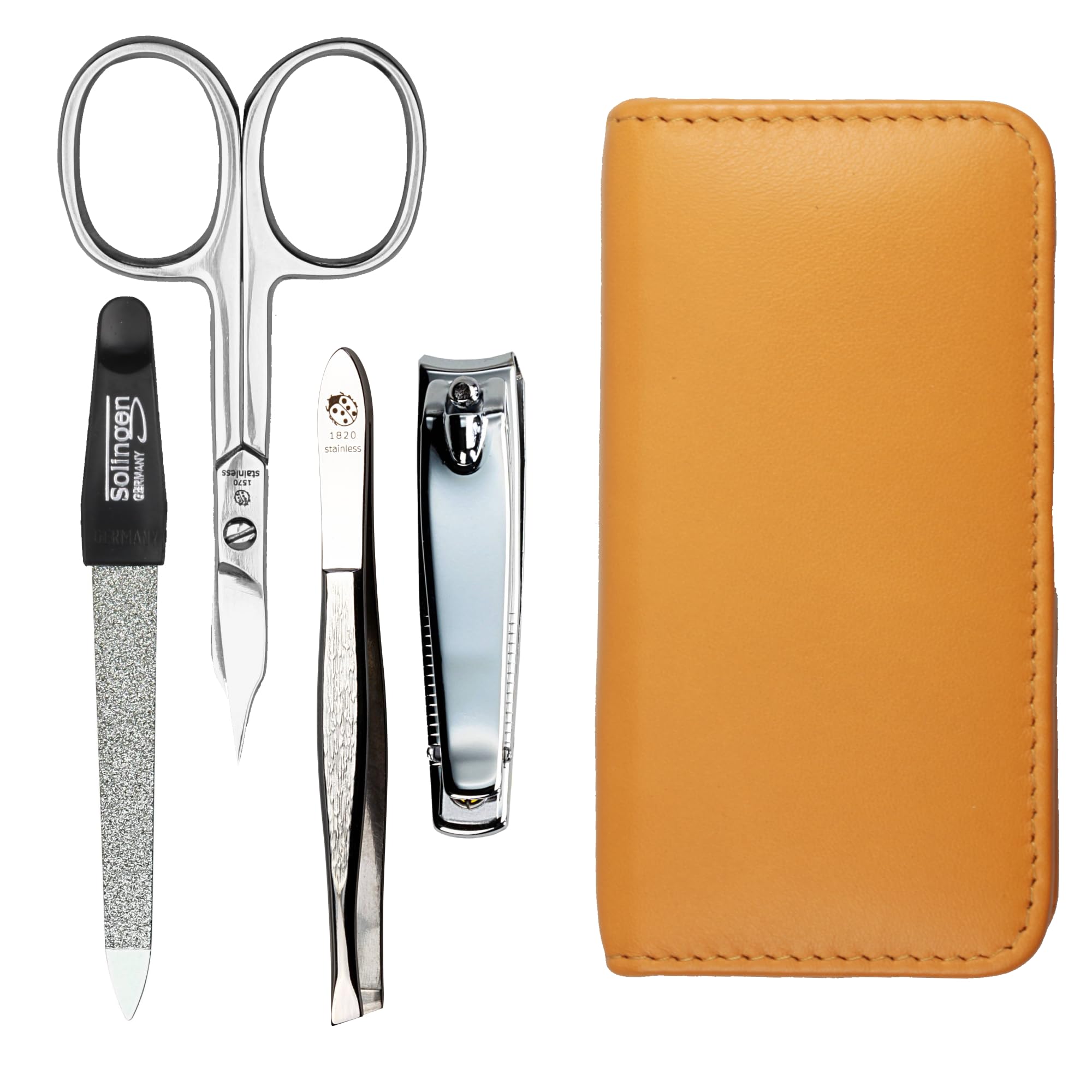 SONNENSCHEIN by Hans Kniebes Manicure Set 4-Piece Travel Case - Nail Scissors,Nail Clippers,Nail File and Tweezers - Case Made of Genuine Nappa Lambskin Leather - Manicure and Pedicure (Corn Yellow)