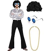 Eurzom Disco Costume Set Including Men's Disco Shiny Shirt Pant Funky Afro Wig Necklace Sunglasses for 60/70/80/90s Party