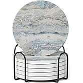 Hoomey Set of 6 Mix Color Abstract Onyx Marble Coasters with Holder, Absorbent Ceramic Coasters for Drinks, Coasters with Cork Backing for Table Protection, Home Decor, Coffee Table Decor