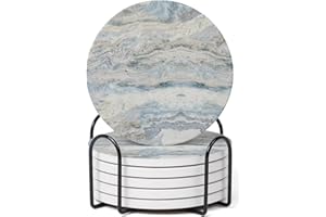 Hoomey Set of 6 Mix Color Abstract Onyx Marble Coasters with Holder, Absorbent Ceramic Coasters for Drinks, Coasters with Cork Backing for Table Protection, Home Decor, Coffee Table Decor