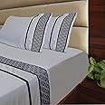 Luxury 100% Egyptian Cotton Queen Sheet Set - 1000 Thread Count - 4 PC Fitted and Flat Sheets, Extra Cooling Long Staple Hotel-Quality Bedding with Sateen Weave - Black Embroidered Light Grey Sheets