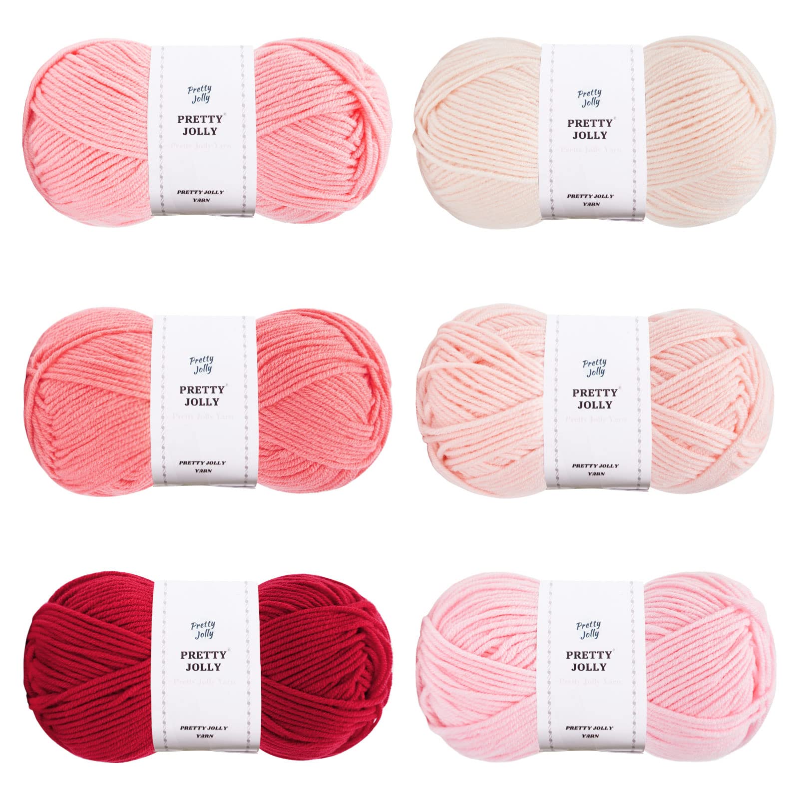 Pretty Jolly 300g Soft Assorted Colors Yarn, Sport Weight,100% Acrylic, 4 Ply, Bonbons Yarn for Crochet & Knit, DIY Project Starter Kit for Kids or Adults(6×132m) (Pink Department)