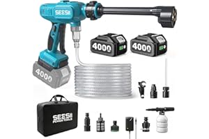 SEESII Cordless Pressure Washer, Portable Power Washer with 2x4000mAh Batteries, Electric Washer Gun with 6-in-1 Nozzle & 27F