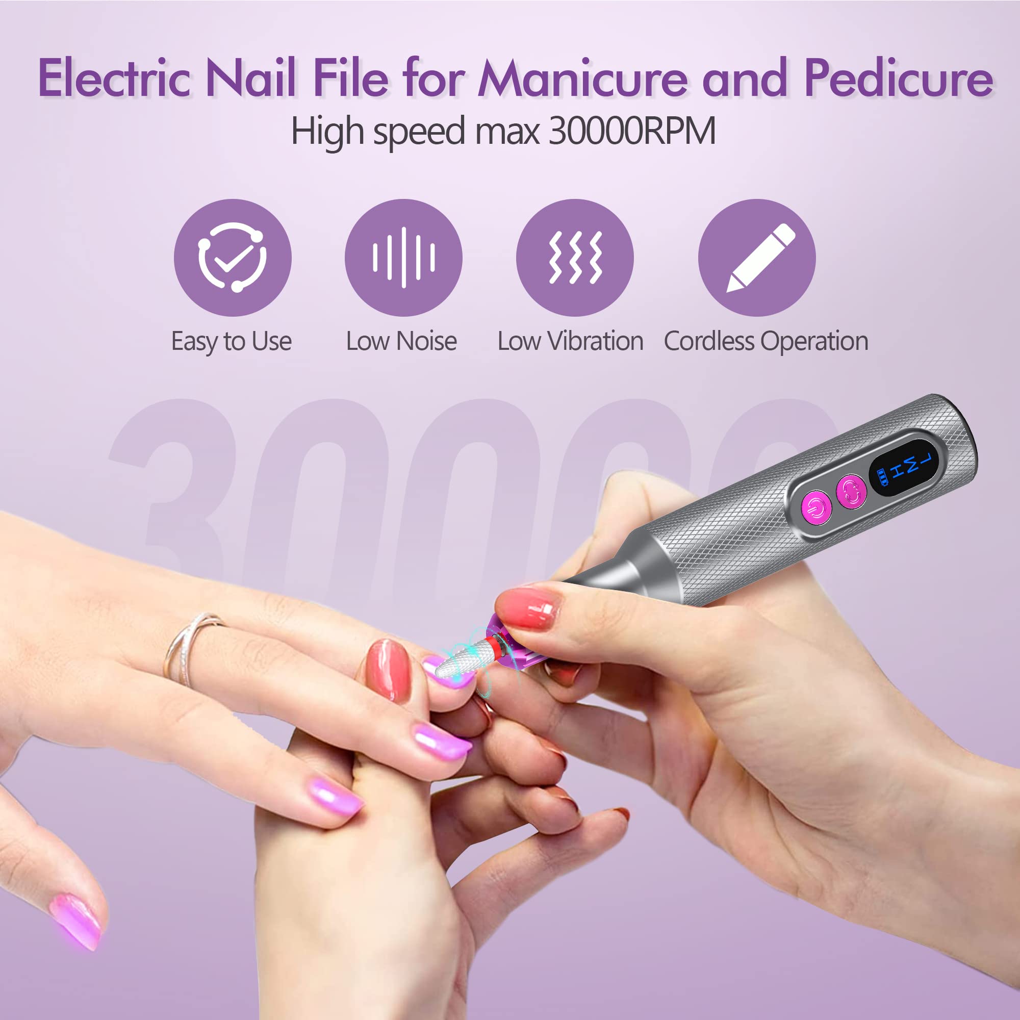 Nail Drill, Cordless Electric Nail Filer Professional E-File Nail Drill Kit for Acrylic, Gel Nails, Manicure Pedicure Polishing Shape Tools Design for Home Salon Use Gray - Image 2