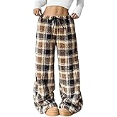 Fuzzy Pajama Pants Women Baggy Wide Leg Fleece Plaid Pajama Pants Winter Fluffy Bow Tie High Waisted Pj Bottoms
