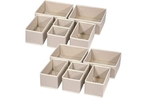 DIOMMELL 12 Pack Foldable Cloth Storage Box Closet Dresser Drawer Organizer Fabric Baskets Bins Containers Divider for Clothes Underwear Bras Socks Lingerie Clothing, Beige 444