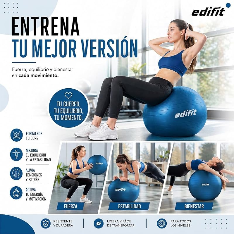 , Pelota de Pilates, 55,65 y 75, Ejercicio en Casa, Incluye Hinchador, Fitball, Embarazadas, Accesorios Yoga, Gimnasio, Varios Tamaños (75cm, Azul)