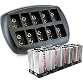 Tenergy 9V Batteries 600mAh 10PCS Li-ion 9 Volt Rechargeable Batteries with 10-Slot Li-ion 9V Battery Charger for Smoke Alarm/Detector