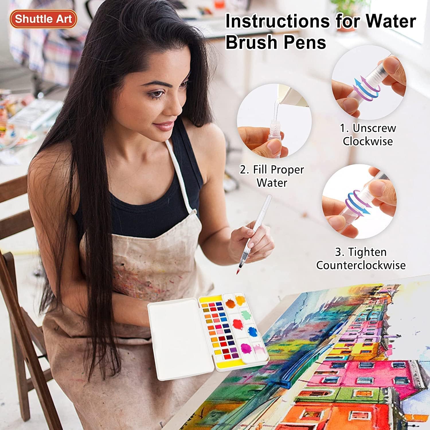 Watercolor Paint Set, Shuttle Art 48 Colors Watercolor Paint in Half Pans with 2 Water Brush Pens, 10 Paint Brushes, 1 Watercolor Pad, 1 Palette, 2 Color Charts, Watercolor Kit for KidsAdults, Artists