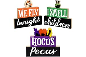 LAIRYAN Halloween Decorations Indoor, 3 PCS Halloween Wooden Table Sign Decor, Hocus Pocus Table Centerpiece for Mantle Shelf Tiered Tray, Farmhouse I Smell Children & We Fly Tonight Halloween Wooden Signs