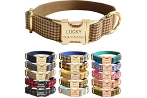 PETDURO Personalized Gingham Plaid Dog Collar Coffee - Engraved Name and Phone Number on Gold Metal Buckle - Custom for Small