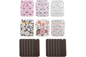 ALVABABY Cloth Diaper Pocket Washable Adjustable Reusable 6 Pack Cloth Nappies with 12 Pack 5 Layer Charcoal Bamboo Inserts