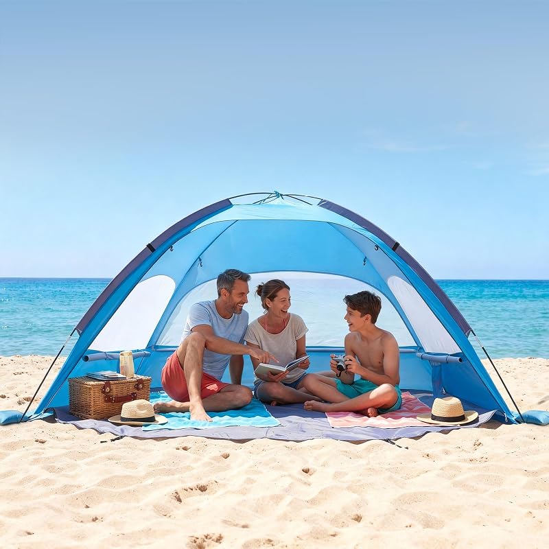 Tente de Plage pour 3 Personnes, Abri de Plage Anti UV UPF 50+, Tente Portable Pare-Soleil avec Sac de Transport et Piquets, pour Famille, Camping, Pêche et Pique-niques, Structure Légère, Bleu