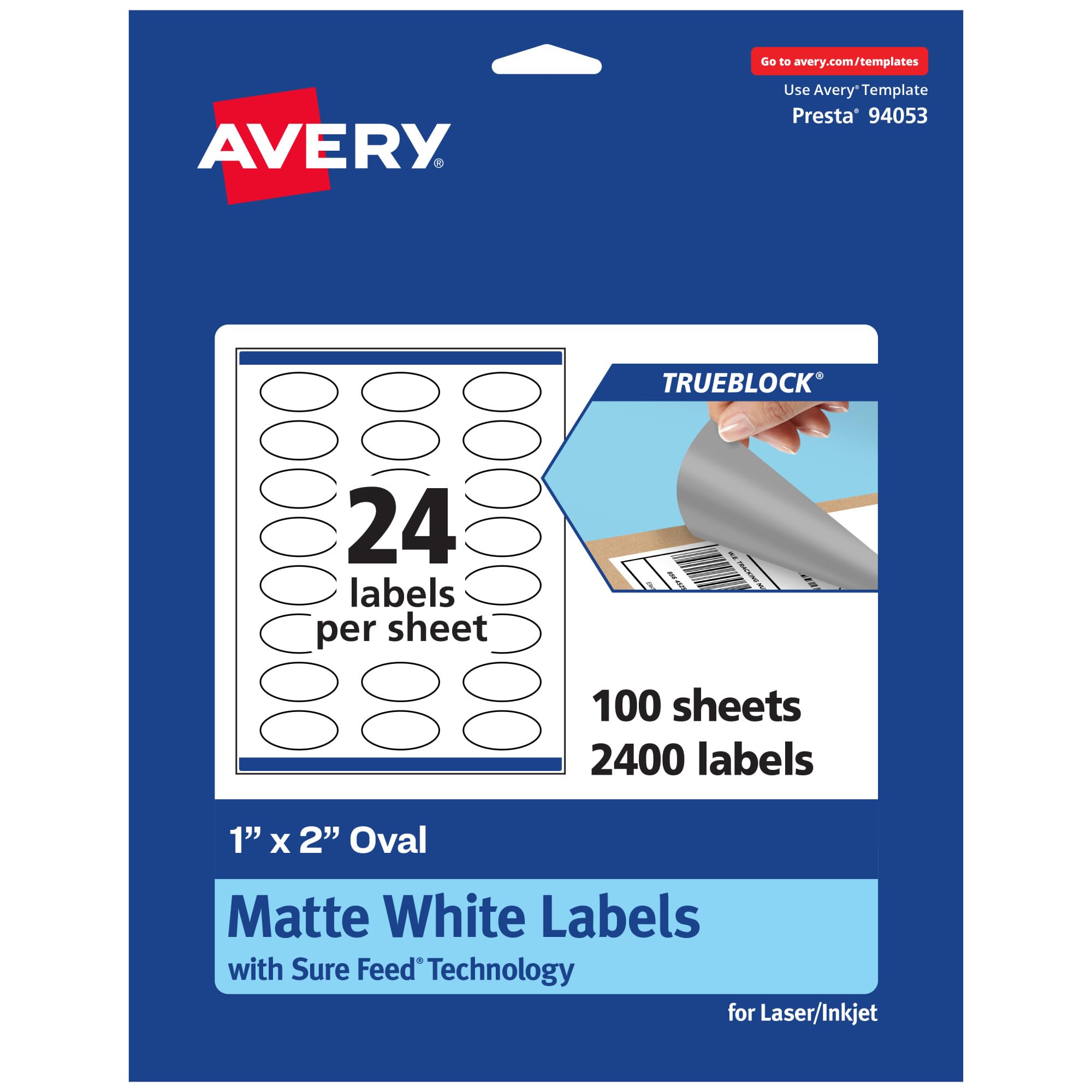 Avery TrueBlock Matte White Oval Labels, Sure Feed Technology, 1″ x 2″, 2,400 Matte White Labels, Print-to-The-Edge, Laser/Inkjet Printable, Great for Packaging and Product Merchandising
