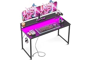AODK Computer Desk, 48 Inch Gaming Desk with LED Lights and Power Outlet, Office Desk with Adjustable Monitor Shelf (3 Heights), Computer Table Work Desk for Home/Bedroom, Black