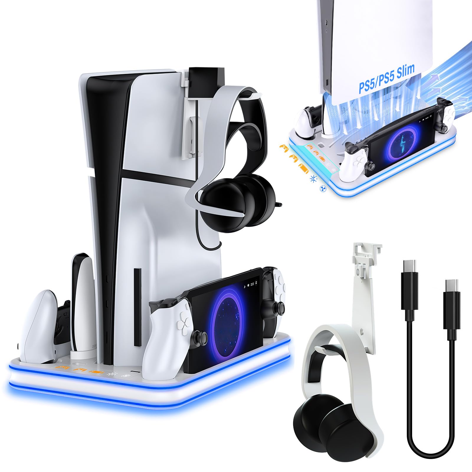 Sehawei PS5/PS5 Slim Stand and Cooling Station with RGB Lighting and 3 Level Cooling Fan,Charging Dock for PS5 Edge Controller and PS Portal,Remote Control and Headset holders,PS5/PS5 Slim Accessories