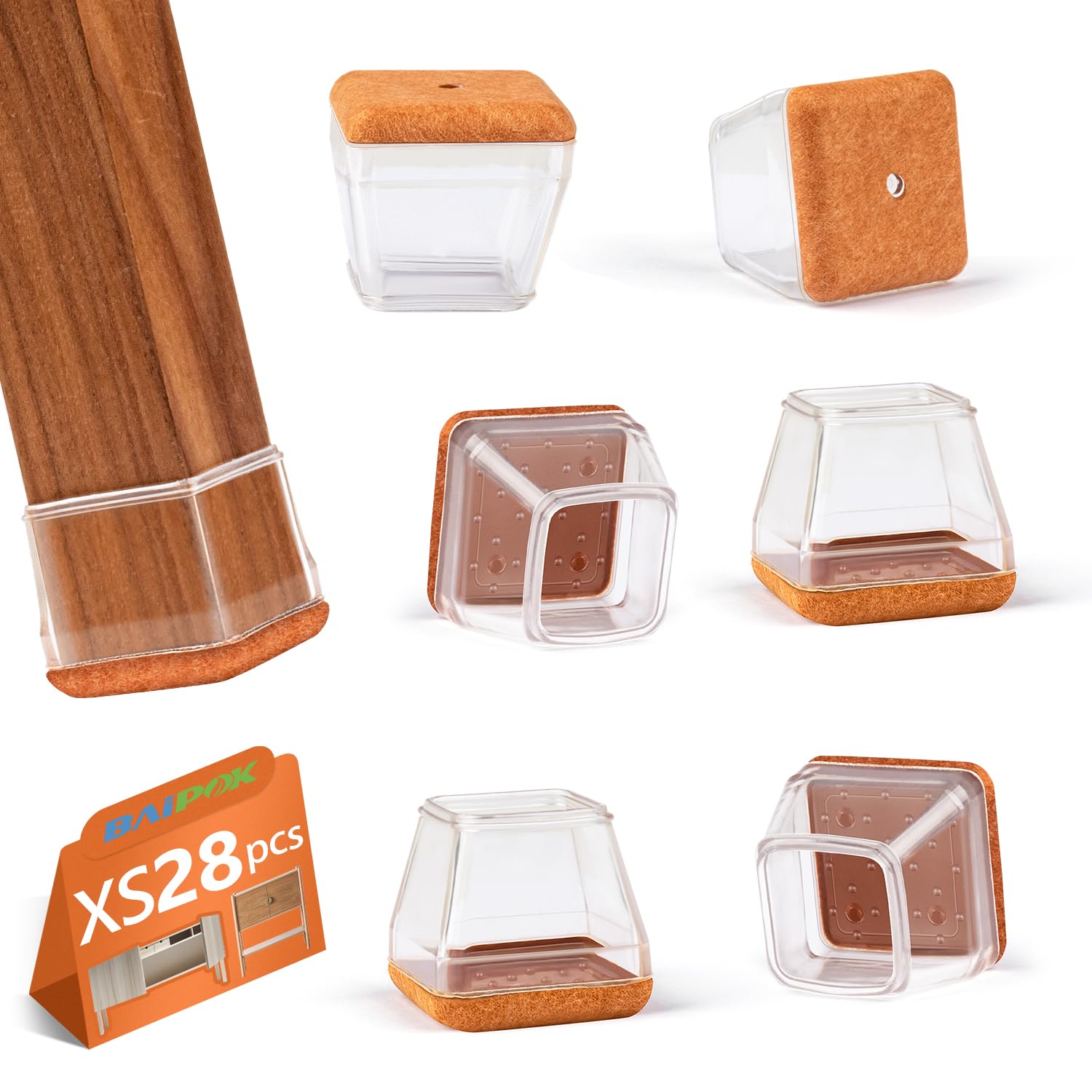 Chair Leg Floor Protectors Square, Silicone Chair Leg Caps with Felt Pads, Furniture feet Protectors for Hardwood Floors — image 1