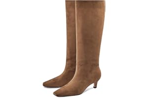 Adrizzlein Knee High Boots Women Kitten Heel Square Toe Tall Boots Wide Calf Pull On Long Boots