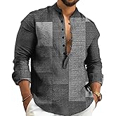 Kubsid Mens Henley Shirts Casual T Shirt Long Sleeve Banded Collar Button Down Vintage Beach Tops