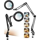 12X Magnifying Glass with Light and Clamp, Extra Long 3 Section Swing Arm | 5 Color Modes Dimmable, Real Glass Lens, 36in LED