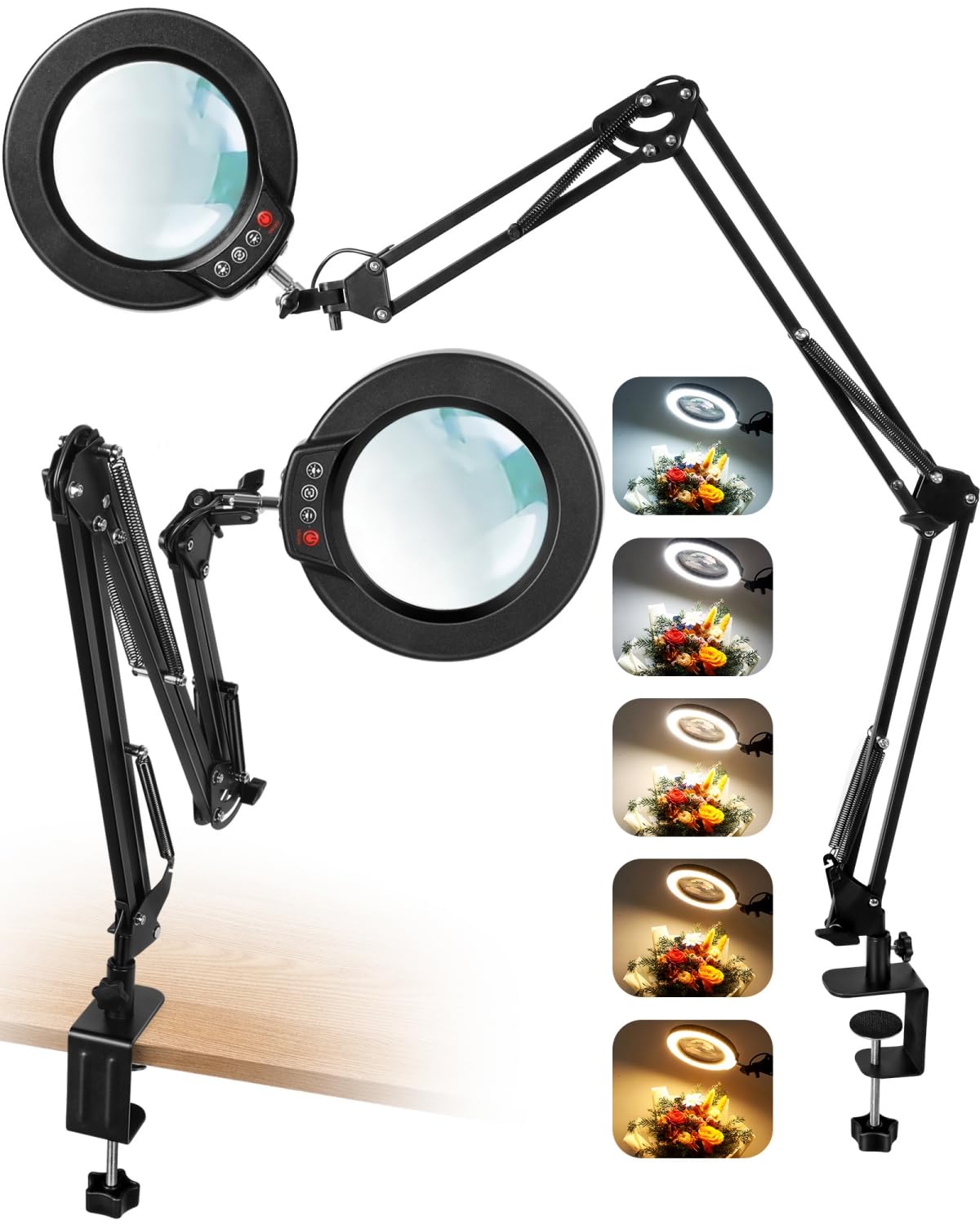 Photo 1 of 10X Magnifying Glass with Light and Clamp, Ultra Long 3 Section Swing Arm LED Desk Lamp, 5 Color Modes Stepless Dimmable, Hands Free Lighted Magnifier with Stand for Repair Reading Crafting Close Work