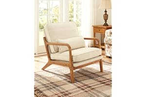 Karl home Accent Chair Mid-Century Modern Chair with Pillow Linen Fabric Upholstered Lounge Arm Chair with Solid Wood Frame & Soft Cushion for Living Room, Bedroom, Balcony, Beige