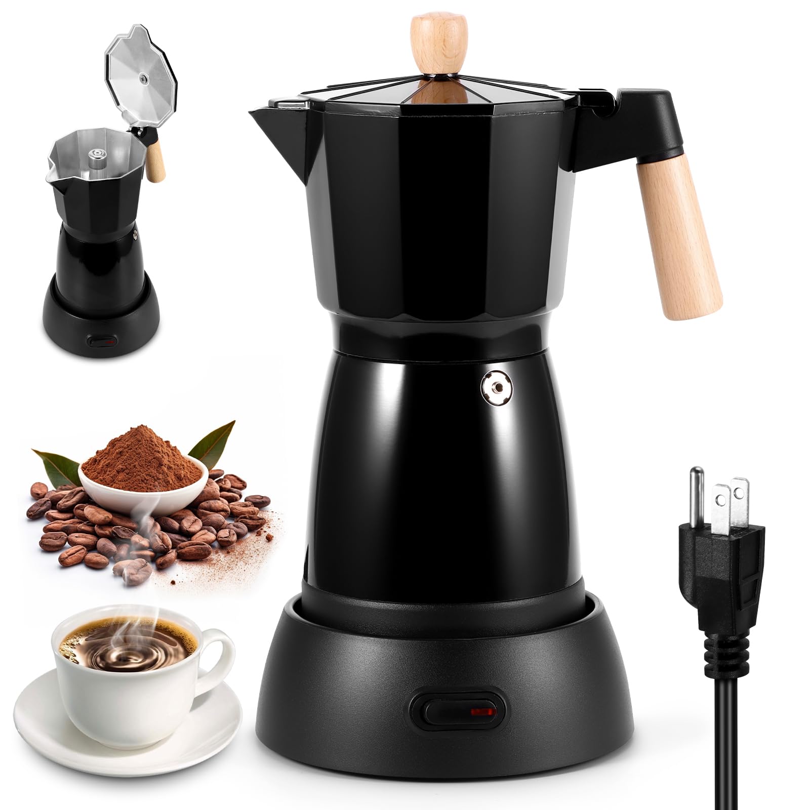Photo 1 of SHANGSKY Coffee Pot Electric Coffe Maker 6 Cup, Espresso Coffee Maker Cafeteras Electricas Italian Coffee Pot Espresso Makers Portable Aluminum Electric Mocha Pots (Wooden Handle,US 3-pin Plug)