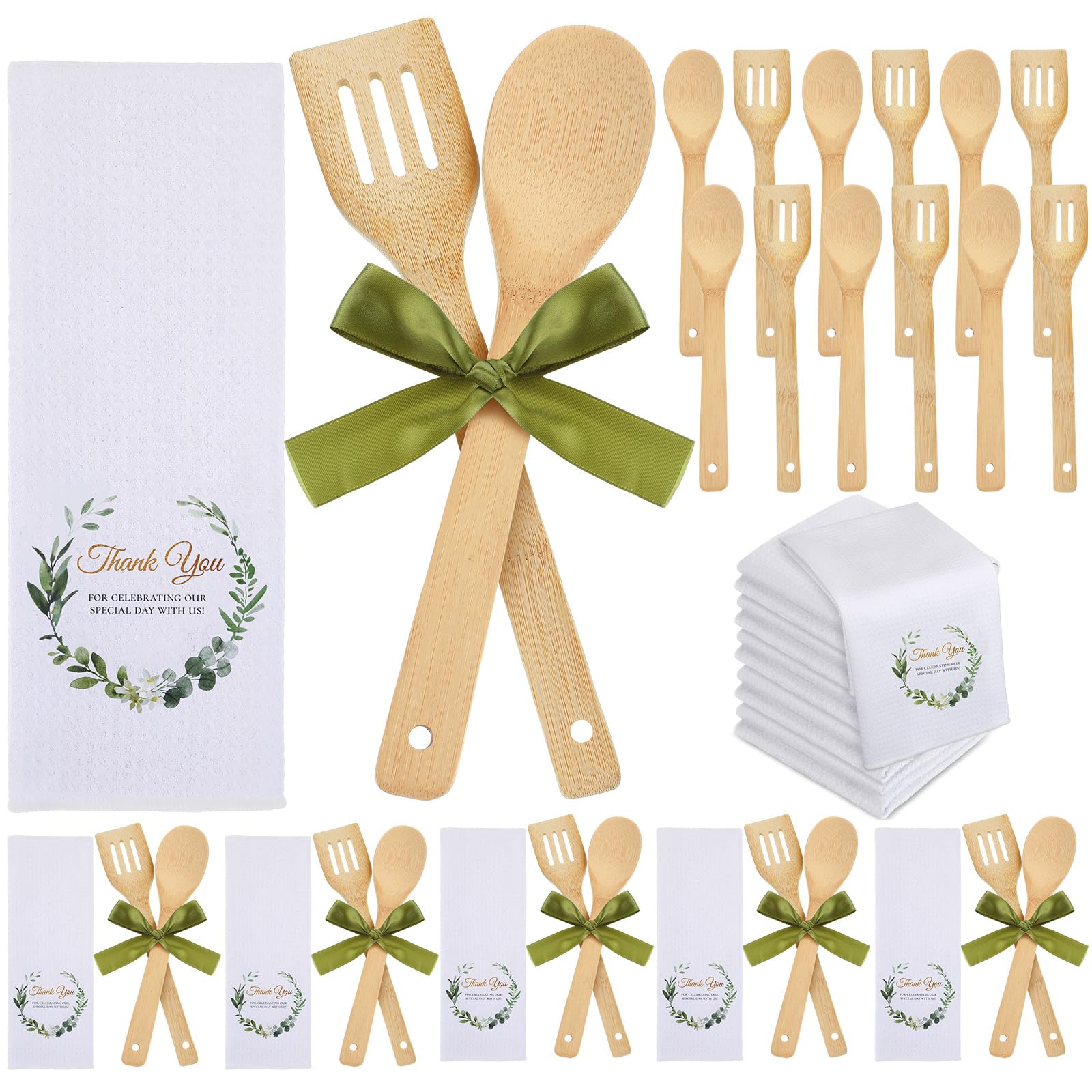 Photo 1 of 24 Pcs 6 Set Bridal Shower Party Favors Baby Shower Prizes for Game Player Kitchen Utensils Set Bamboo Spoons Kitchen Towel with Ribbon for Wedding Souvenir Housewarming