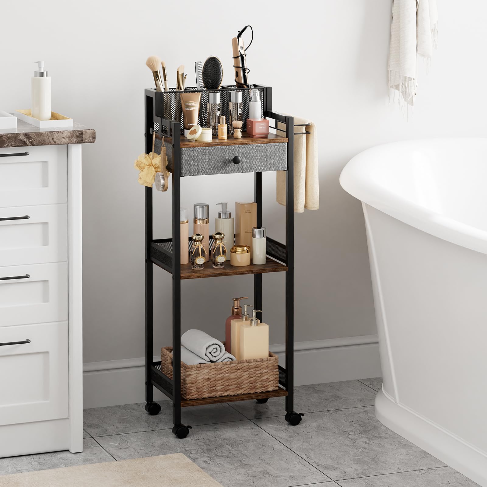 FURFUN Bathroom Shelves with Drawer, 3 Tier Metal Rolling Standing Unit Storage Organizers with Toilet Paper Holder, Multifunctional Floor Corner Rack for Cosmetic, Dryer Curling Irons 12.8in Wide