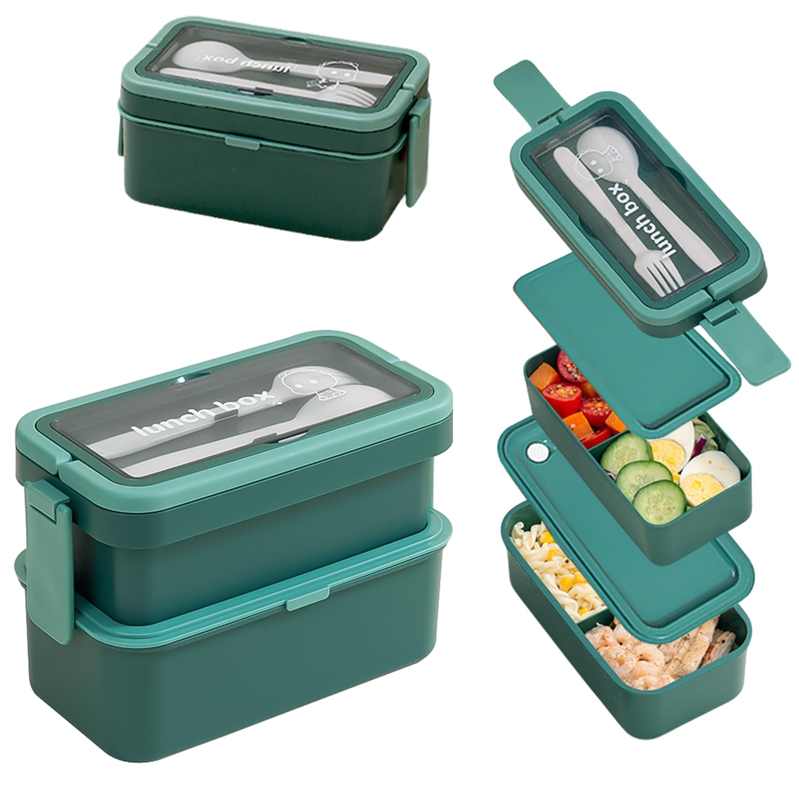 Echehi 2 Layer Lunch Box with Compartments for Adults and Kids, 950+550ml Stackable Bento Box with Cutlery & Hidden Handle, Microwave & Fridge Safe. Green