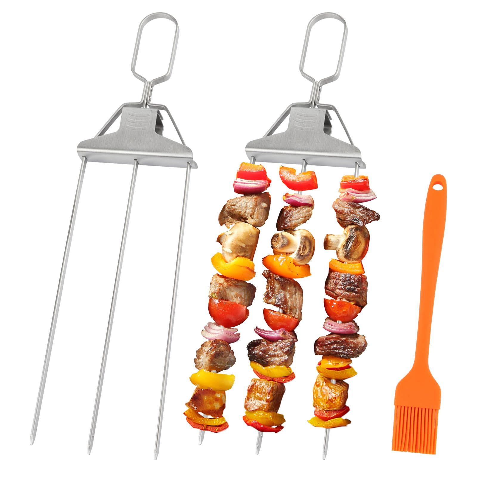 EZESO 3-Prong Kebab Skewers Kit, Stainless Steel Grill Fork with 1 Brush, 2PCS BBQ Grilling Skewers,Barbecue Accessory for Outdoor Barbecues Meat,Veggies,Marshmallow Roasting Sticks Cooking