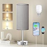 Fenmzee Grey Nightstand Table Lamp for Bedroom - 3 Way Dimmable Bedside Lamp USB C A Charging Ports and AC Outlet, Small Table Lamp Silver Base for Living Room, Office Desk, LED Bulb Included