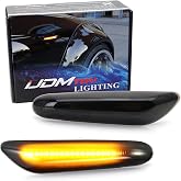 iJDMTOY LED Front Fender Side Marker Turn Signal Lamps For BMW 1/3/5 Series | Amber Full LED Strip Design, Direct Replace OEM Amber/Clear Sidemarker Lamps, Euro Smoked Lens
