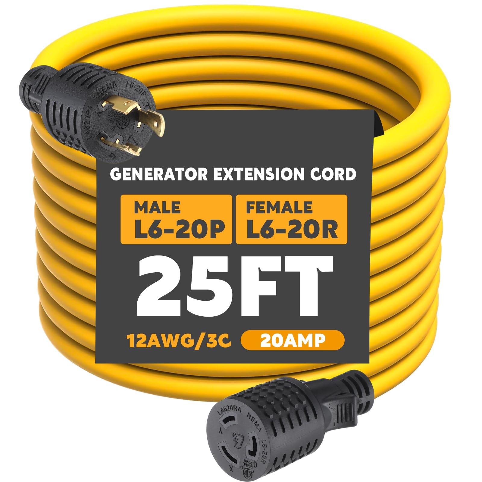 Photo 1 of Tellegloww 25ft L6-20 Generator Extension Cord Compatible with NEMA L6-20P Male Plug to L6-20R Female Receptacle 3 Prong 20 Amp Locking Power Cord, STW 12 AWG/3C,250 Volt 5000 Watts, ETL Listed