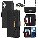 Jaorty Crossbody Wallet for iPhone 16 Case with Strap, Credit Card Holder,Adjustable Shouler Lanyard, 6.1",PU Leather Handbag Purse Kickstand Make Up Mirror Cover Case for Women Girl,Black