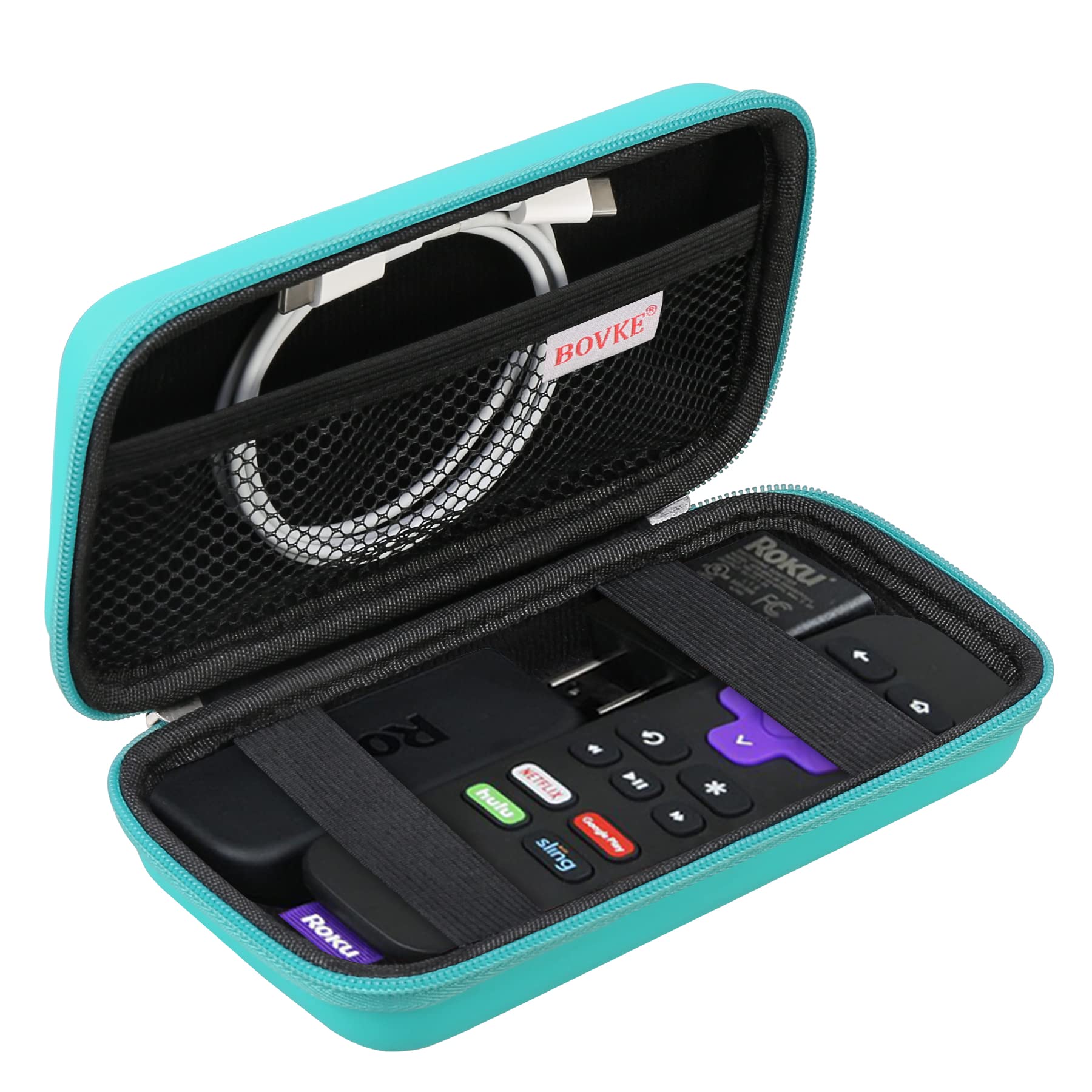 BOVKE Hard Case for Roku Streaming Stick 2025 / Plus 2025, Voice Remote Control Travel Case for Roku 3820EU Streaming Stick, Extra Mesh Pocket for Cables, Adapters, Turquoise