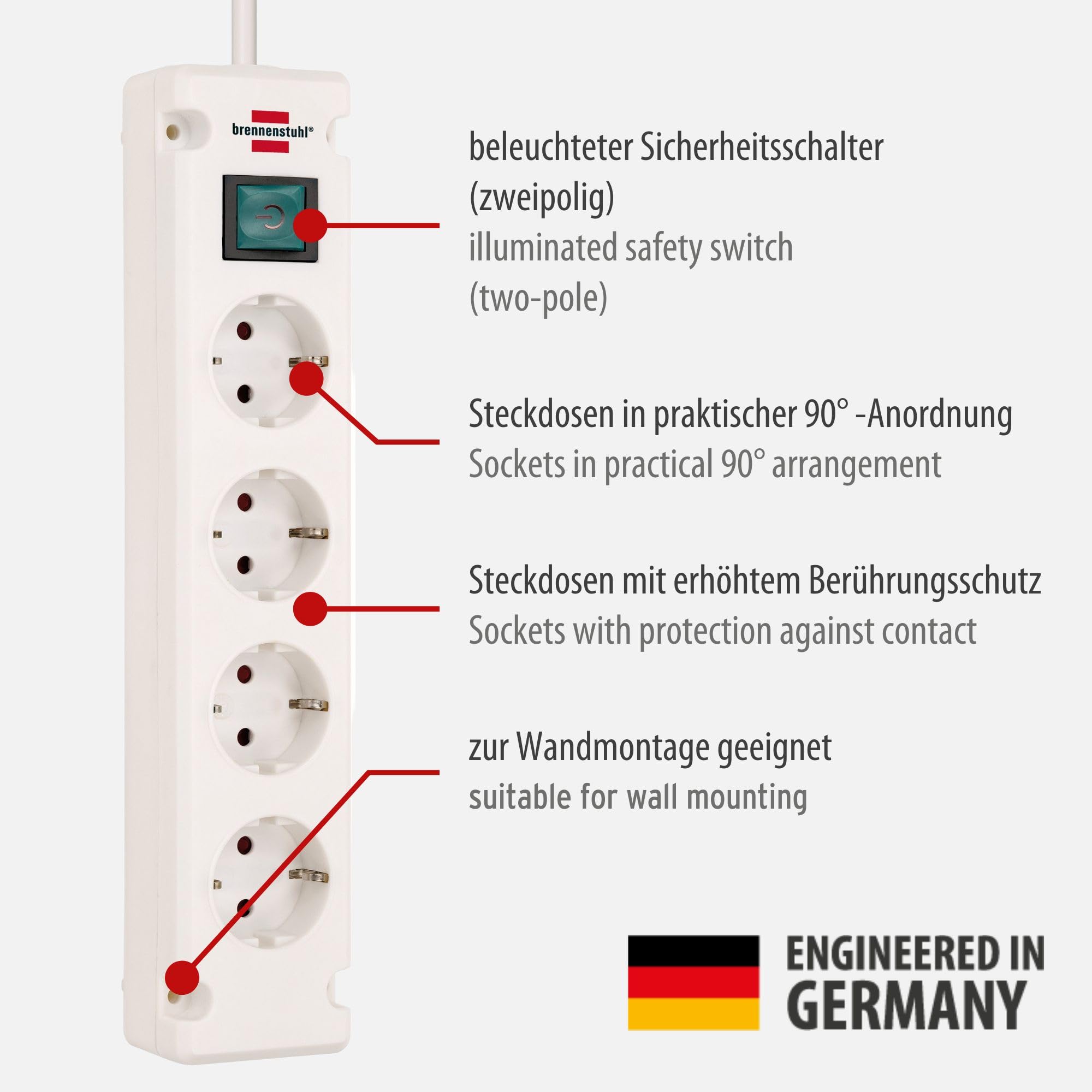 Brennenstuhl Bremounta Steckdosenleiste 4-Fach mit Schalter (Mehrfachsteckdose mit 90 Grad Steckdosen, Steckerleiste mit Befestigungsmöglichkeit und 1,5m Kabel) weiß 2