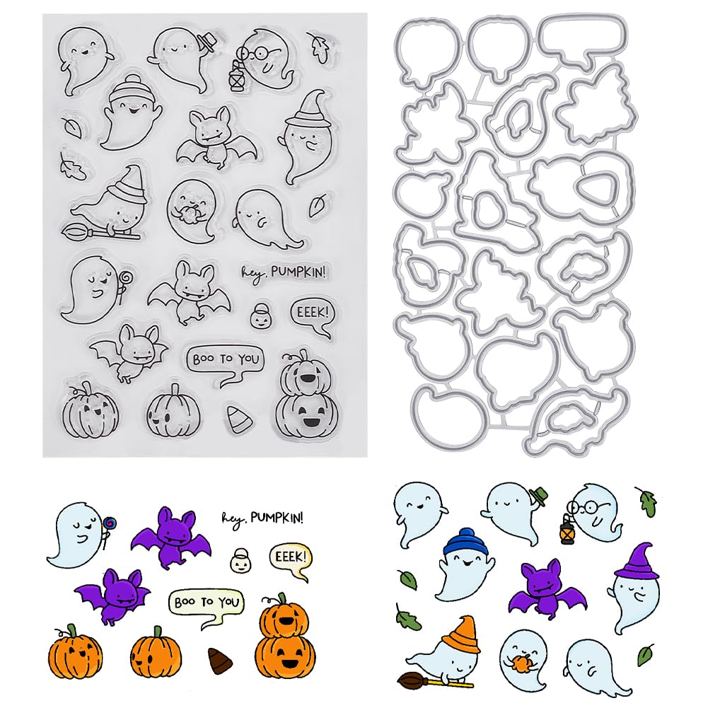 CRASPIRE Halloween Theme Clear Rubber Stamp and Metal Cutting Die Set Ghost Pumpkin Bat Transparent Silicone Stamps Carbon Steel Cuts Stencil for Card Making Journaling DIY Scrapbooking Handmade Photo