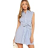 Romwe Women's Cute Striped Belted Button up Collar Summer Short Shirt Dress