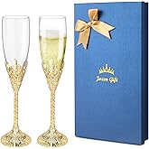 Jozen Gift Champagne Flutes-Set of 2 Champagne glasses, Crystal Glasses&Metal Base, Toasting Flute Pair, Wedding Anniversary, Party,Birthday,Banquets,Gifts for Bride and Groom 6 oz-Gold