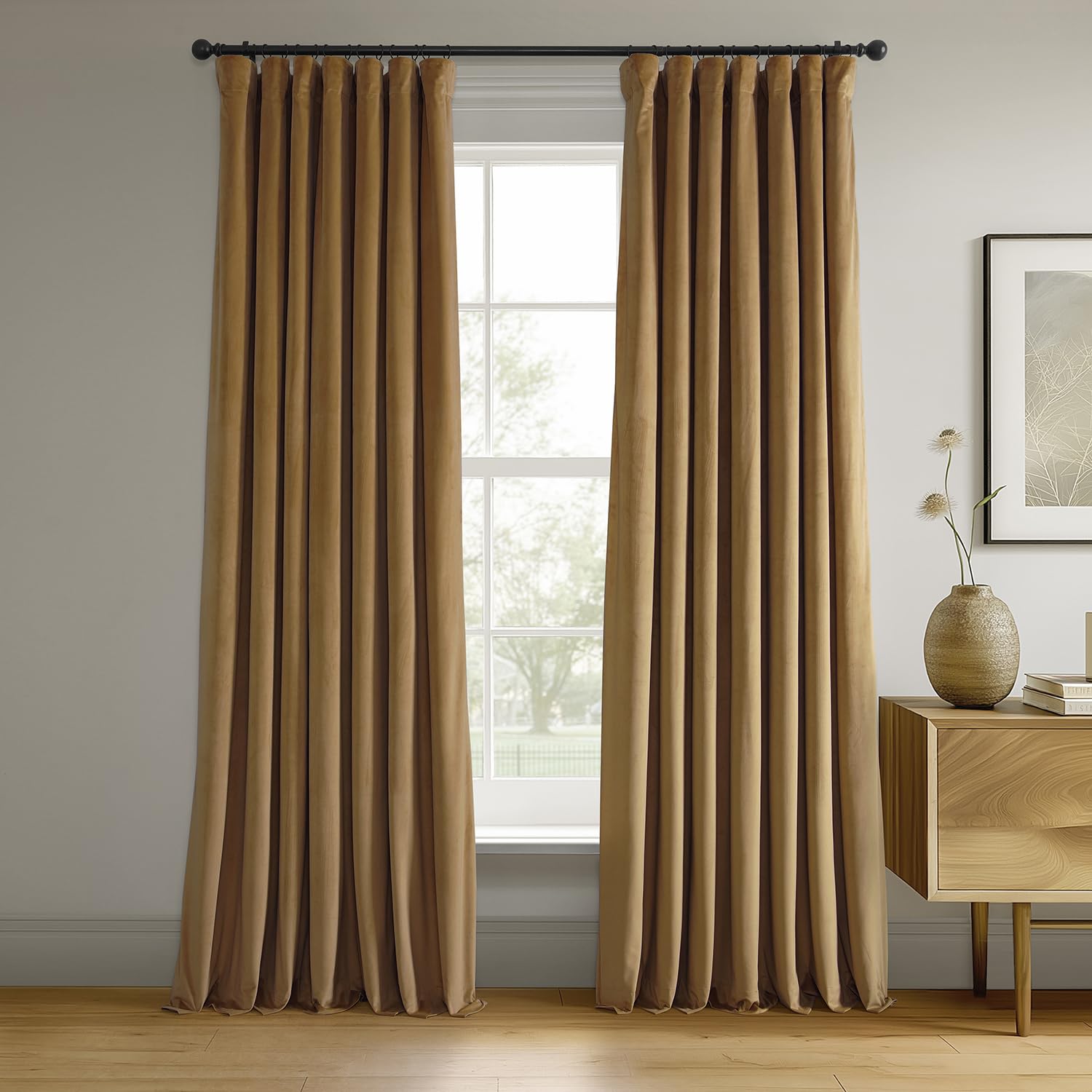 Photo 1 of HPD Half Price Drapes Signature Velvet Thermal Blackout Curtains for Living Room 96 Inch Long (1 Panel) Rod Pocket Insulated Blackout Curtains for Bedroom Window Curtains, 50W x 96L, Amber Gold