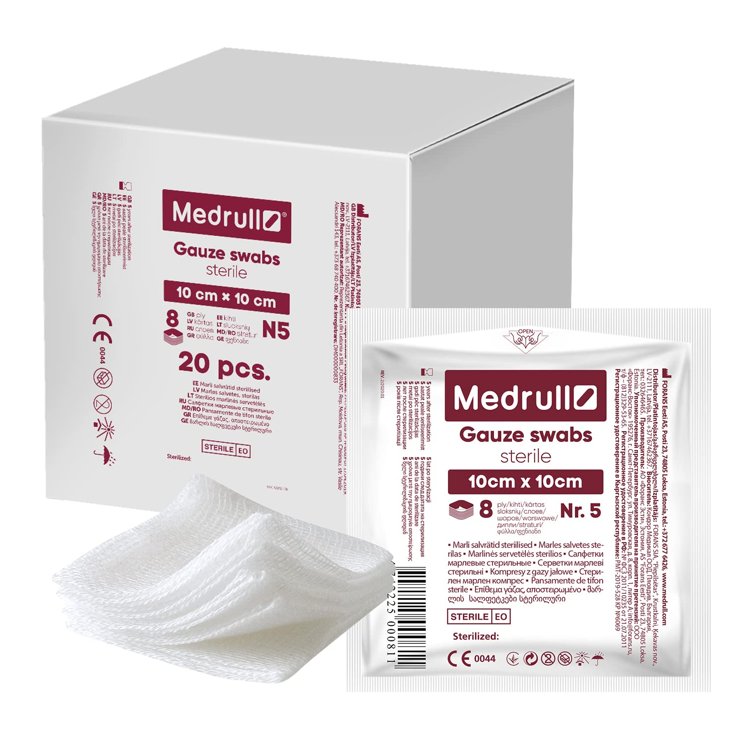 Medrull - Sterile Gauze Swabs, Pack of 100 (20 x 5 Pieces) 8-Ply, 10 cm x 10 cm, Absorbent Dressings, Bandage Material, Gauze Bandages, Wound Dressings