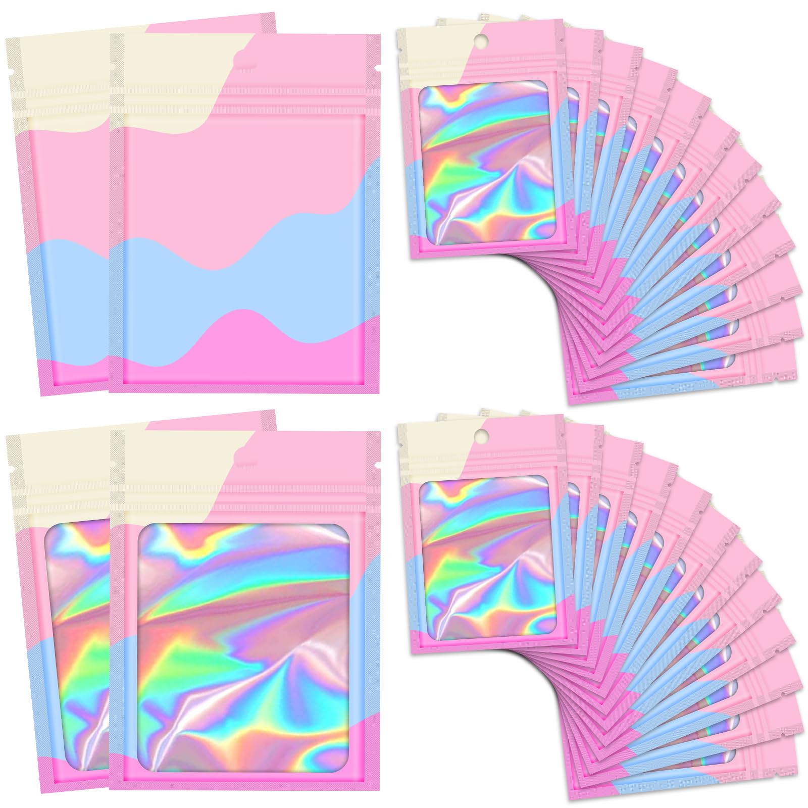 Photo 1 of 100 Pieces Resealable Bags with Clear Window, Holographic Multicolored Packaging Bags Transparent Small Business Party Mylar Zip Bags 3.5 Inch Sample Bags