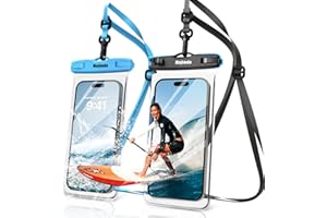 Mojimdo Waterproof Phone Pouch, IPX8 Waterproof Phone Case with Lanyard Protector for iPhone 15 14 13 12 11 Pro Max XR XS 8 7 Plus Samsung Galaxy, Cellphone Dry Bag for Beach - 2 Pack/Black+Blue